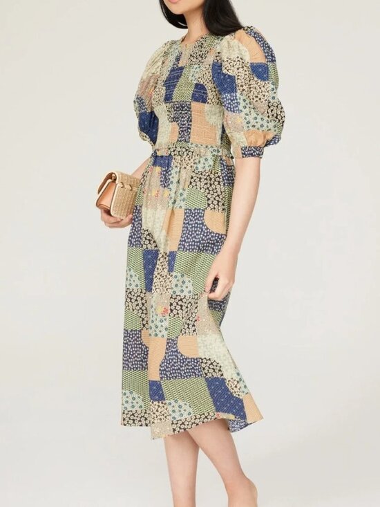 Sea New York Dresses & Skirts - SEA New York Louie Midi Dress Puff sleeve Smocked Cotton Patchwork Cottagecore
